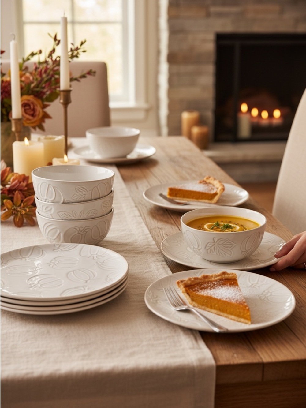Hobby Lobby Embossed Ceramic Salad Plates/Bowls Set Cream/White Pumpkins 12 pc.